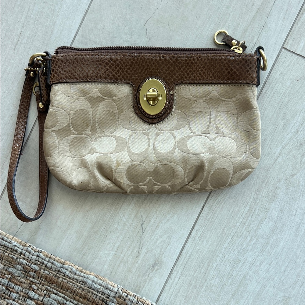 Coach Tan and Brown Signature Wristlet